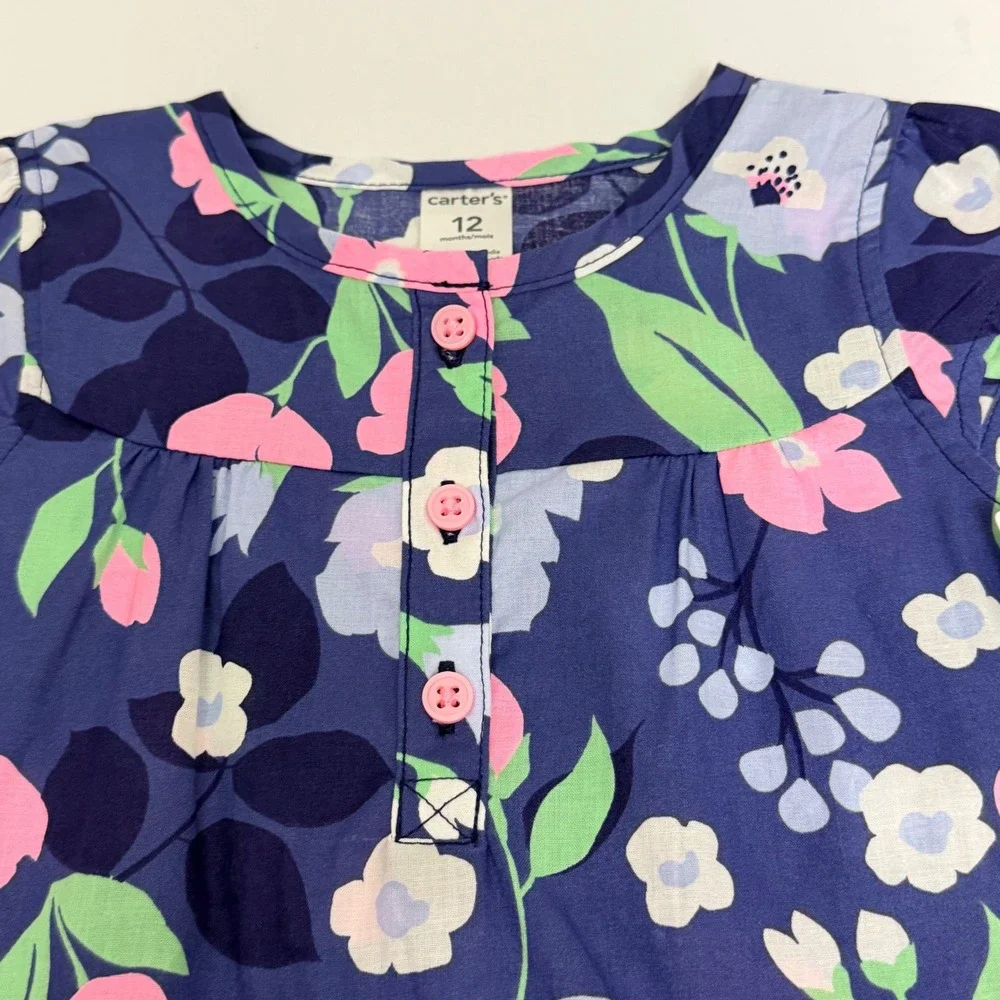 Carters Baby Girl 12M Navy Blue Floral Cotton Cap Sleeve Tunic Top Cottagecore